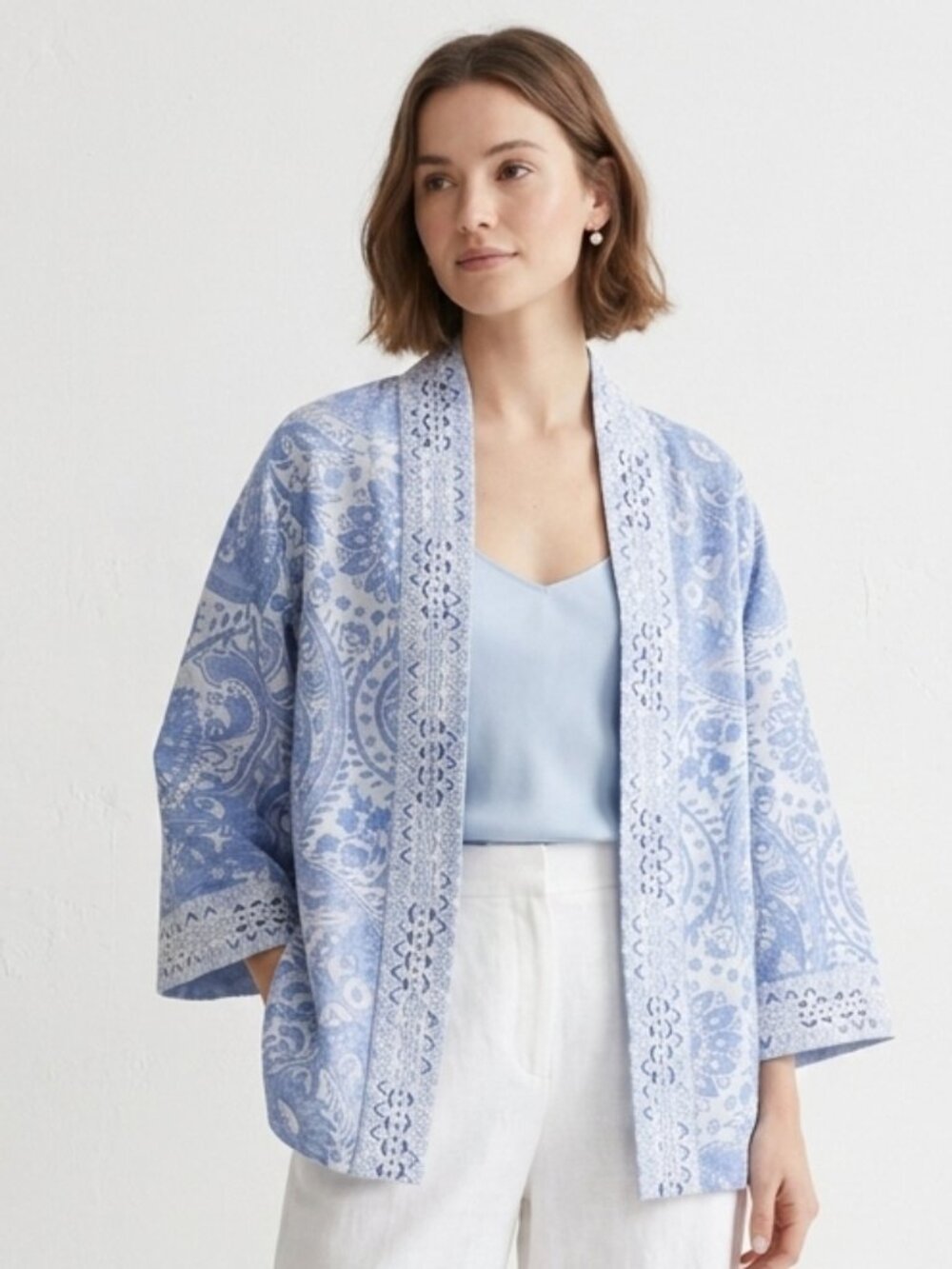 Soft Surroundings Jacket Blue Beaded Open Boho Floral Tapestry L
